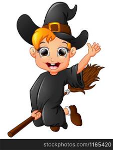 Little witch cartoon flying with broom