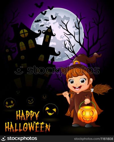 Little witch cartoon holding broom and pumpkin on haunted castle background