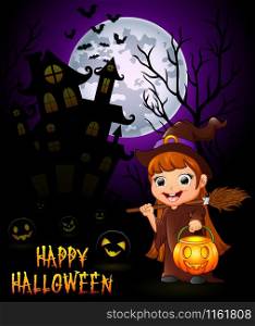 Little witch cartoon holding broom and pumpkin on haunted castle background