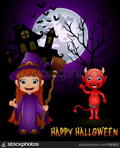 Little witch cartoon holding broom and red devil on haunted castle background