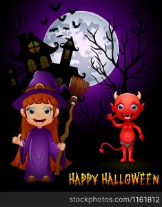 Little witch cartoon holding broom and red devil on haunted castle background