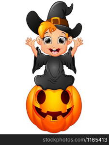 little witch cartoon sitting on the pumpkin