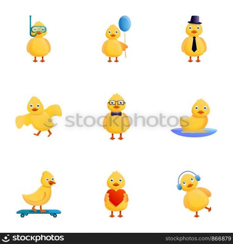 Little yellow duck icon set. Cartoon set of 9 little yellow duck vector icons for web design isolated on white background. Little yellow duck icon set, cartoon style