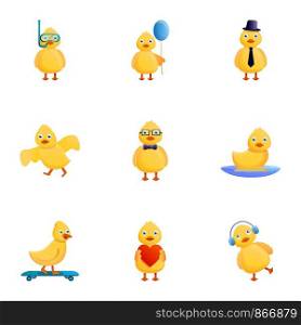 Little yellow duck icon set. Cartoon set of 9 little yellow duck vector icons for web design isolated on white background. Little yellow duck icon set, cartoon style