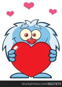 Little Yeti Cartoon Mascot Character Holding A Valentine Love Heart. Illustration Isolated On White Background