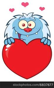 Little Yeti Cartoon Mascot Character Over A Valentine Love Heart. Illustration Isolated On White Background
