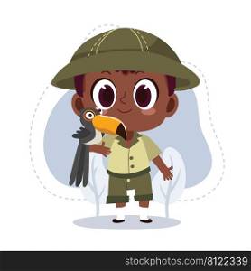 little zookeeper african american boy with toucan.vector cartoon character illustration.animal lover.zoo concept
