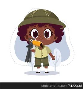 little zookeeper african american girl with toucan.vector cartoon character illustration.animal lover.zoo concept