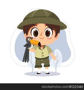 little zookeeper boy with toucan.vector cartoon character illustration.animal lover.zoo concept