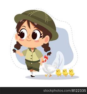 little zookeeper girl with Chicken.vector cartoon character illustration.animal lover.zoo concept