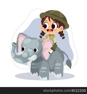 little zookeeper girl with elephant.vector cartoon character illustration.animal lover.zoo concept