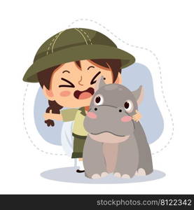 little zookeeper girl with Hippo,Hippopotamus.vector cartoon character illustration.animal lover.zoo concept