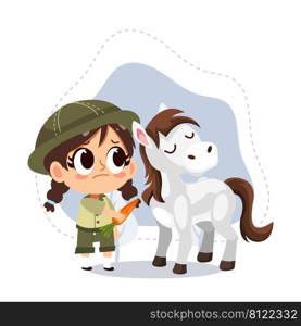 little zookeeper girl with Horse.vector cartoon character illustration.animal lover.zoo concept