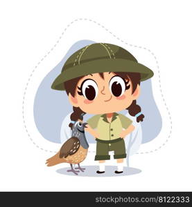 little zookeeper girl with Quail.vector cartoon character illustration.animal lover.zoo concept