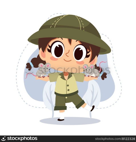 little zookeeper girl with Rat ,mice.vector cartoon character illustration.animal lover.zoo concept