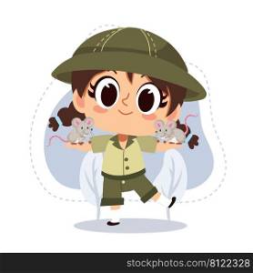 little zookeeper girl with Rat ,mice.vector cartoon character illustration.animal lover.zoo concept