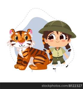 little zookeeper girl with Tiger.vector cartoon character illustration.animal lover.zoo concept