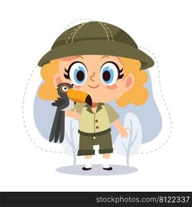 little zookeeper girl with toucan.vector cartoon character illustration.animal lover.zoo concept