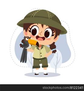 little zookeeper girl with toucan.vector cartoon character illustration.animal lover.zoo concept