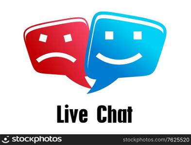 Live Chat icon with two speech bubbles with faces, one unhappy in red and one smiling in blue, above the text - Live chat. Live Chat icon