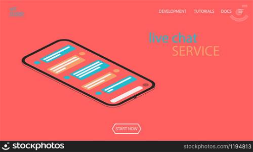 Live chat service. Isometric 3d smartphone with sms message bubbles. Social flat network interface. Vector web media live illustration