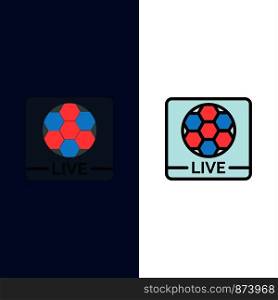 Live, Game, Screen, Football Icons. Flat and Line Filled Icon Set Vector Blue Background