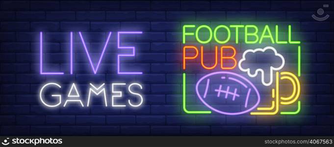 Live games neon sign. American football ball and beer mug. Vector illustration in neon style for football pub or sport bar