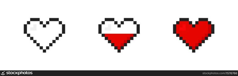Live heart set pixel vector icon. 8 bit love. Retro game nubes. Cartoon illustration art design