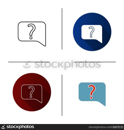 Live help chat icon. FAQ. Contact support. Discussion forum. Speech bubble with question mark. Flat design, linear and color styles. Isolated vector illustrations. Live help chat icon