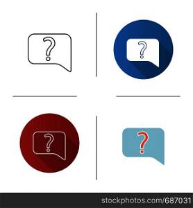 Live help chat icon. FAQ. Contact support. Discussion forum. Speech bubble with question mark. Flat design, linear and color styles. Isolated vector illustrations. Live help chat icon