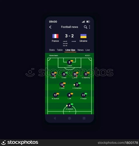 Live match football scores smartphone interface vector template. Mobile app page design layout. Official news feeds screen. TV schedule and audio commentary. Flat UI for application. Phone display. Live match football scores smartphone interface vector template