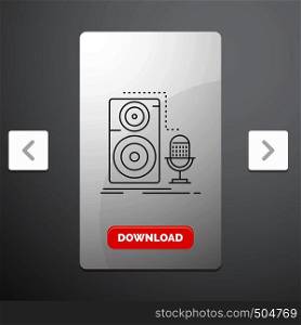 Live, mic, microphone, record, sound Line Icon in Carousal Pagination Slider Design & Red Download Button. Vector EPS10 Abstract Template background