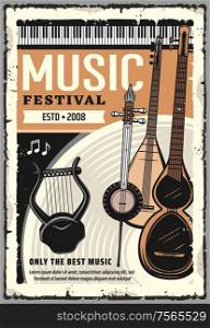 Live music festival, folk sound band concert hall performance poster. Vector music instruments, piano synthesizer, electric harp and folk guitars, Japanese shamisen and mandolin, bouzouki and sitar. Music festival, live folk music performance