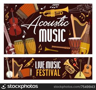 Live music festival poster, classic, jazz and folk band musical instruments. Vector acoustic guitar, notes staff and orchestra harp, folk maracas and harmonica accordion, violin and trumpet. Music, acoustic string and bow musical instruments