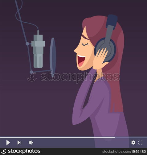 Live music stream. Blogger singer, video digital content. Web influencer entertainment person, woman singing vector illustration. Music online performance with microphone sing. Live music stream. Blogger singer, video digital content. Web influencer entertainment person, woman singing vector illustration