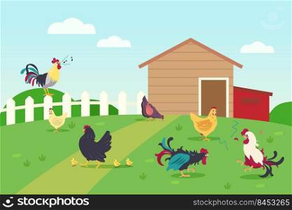 Live of hens and roosters in countryside. Chicken, grass, lawn flat vector illustration. Farm animals and birds concept for banner, website design or landing web page