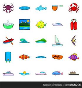 Live on water icons set. Cartoon set of 25 live on water vector icons for web isolated on white background. Live on water icons set, cartoon style