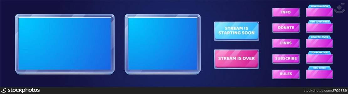 Live stream background, online multimedia player windows and buttons. User interface of pink and blue colors. Social media channel, video blogging broadcasting streaming, Cartoon vector illustration. Live stream background, online multimedia player