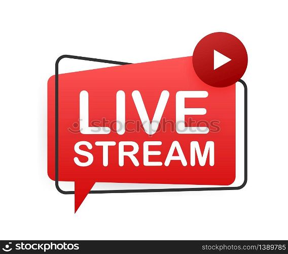 Live stream flat logo - red vector design element with play button. Vector illustration.. Live stream flat logo - red vector design element with play button. Vector illustration
