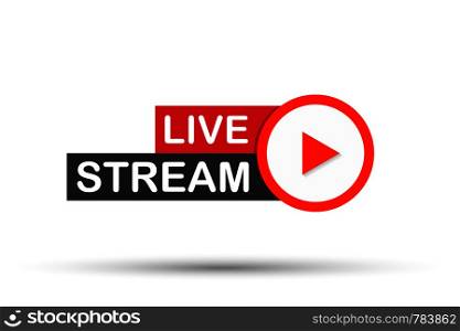Live stream flat logo - red vector design element with play button. Vector stock illustration