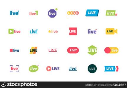 Live stream icons. Broadcasting business red icons air services play symbols living entertainment logo garish vector flat templates. Illustration of broadcast play, player news live stream. Live stream icons. Broadcasting business red icons air services play symbols living entertainment logo garish vector flat templates