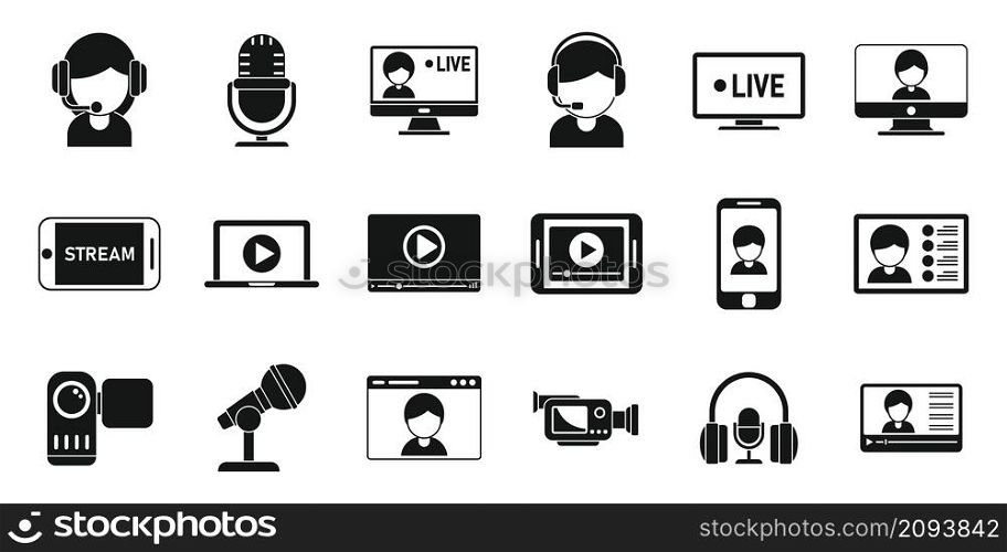 Live stream icons set simple vector. Video streaming. Watch play. Live stream icons set simple vector. Video streaming