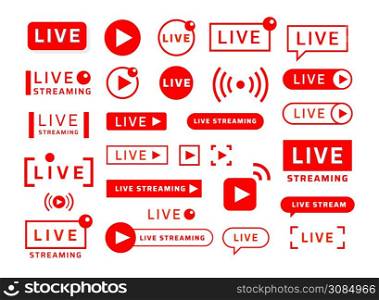 Live stream icons. Video broadcast and translation icons and banners for social network UI and online video player. Vector news and streaming buttons set. Live stream icons. Video broadcast and translation icons and banners for social network UI and online video player. Vector news and streaming buttons