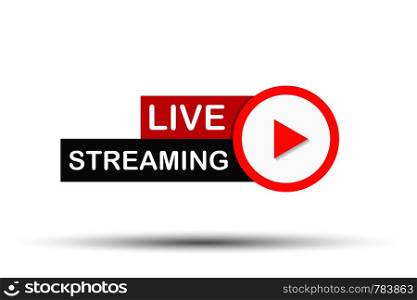 Live streaming flat logo - red vector design element with play button. Vector stock illustration