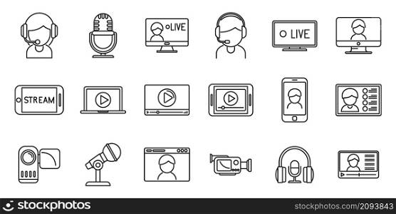Live streaming icons set outline vector. Video stream. Movie watch. Live streaming icons set outline vector. Video stream