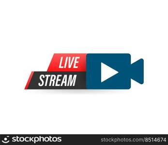 Live streaming logo - red vector design element with play button for news and TV or online broadcasting.. Live streaming logo - red vector design element with play button for news and TV or online broadcasting