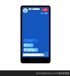 Live video stream on phone. Living videos streams, online stories streaming smartphone screen chat information apps. Vector mobile tv play content advertising website mockup. Live video stream on phone. Living videos streams, online stories chat on smartphone screen information apps. Vector mockup