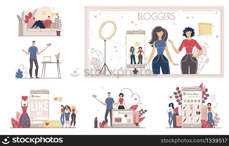 Live Video Streams Channel Author, Blogger Follower, Social Media Content Creator Character Set. Men, Women Broadcasting Online, Vlogger Reviewing Products for Makeup Trendy Flat Vector Illustration