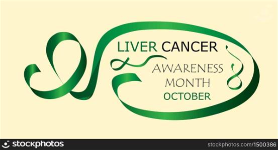 Liver Cancer Awareness Month is organised in October. Green waving ribbon sign on yellow background vector for horizontal banner, web, poster, flyer.. Liver Cancer Awareness Month is organised in October. Green waving ribbon sign on yellow background