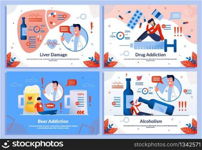 Liver Damage with Alcohol and Drugs Flat Banner Set. Addiction Problem. Harmful Dependence. Bad Habits. Prevention Method and Treatment. Suffering People Characters. Vector Cartoon Illustration. Alcohol and Drugs Liver Damage Flat Banner Set